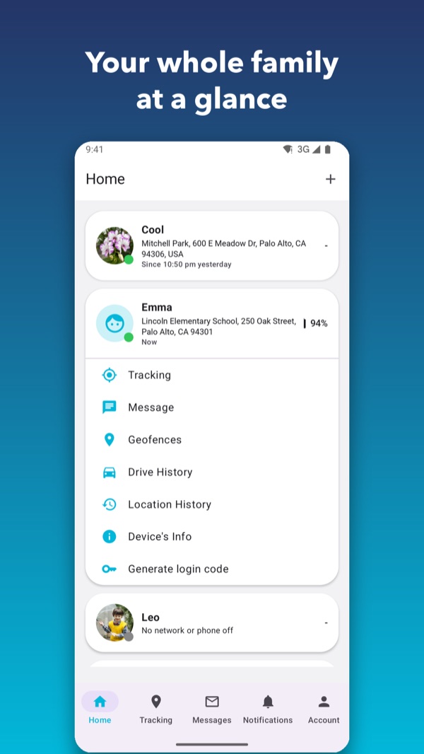 FamiGuard home: every family member with their address, battery and quick actions