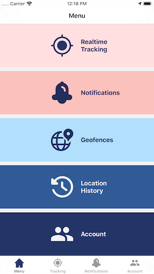 FamiGuard menu: realtime tracking, notifications, geofences, location history