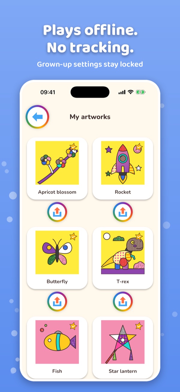 My artworks: an apricot blossom, a rocket, a butterfly, a T-rex, a fish and a star lantern, all colored